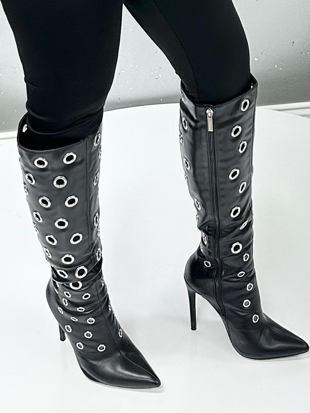 Cape Robbin Black Knee-High Grommet Stiletto Boots